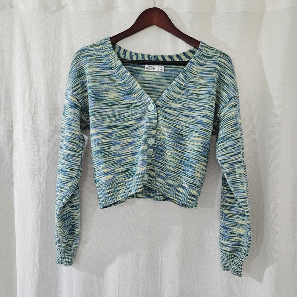 Hollister V-Neck Button Front Cropped Sweater in Blue & Green Heather Size M - Picture 1 of 4